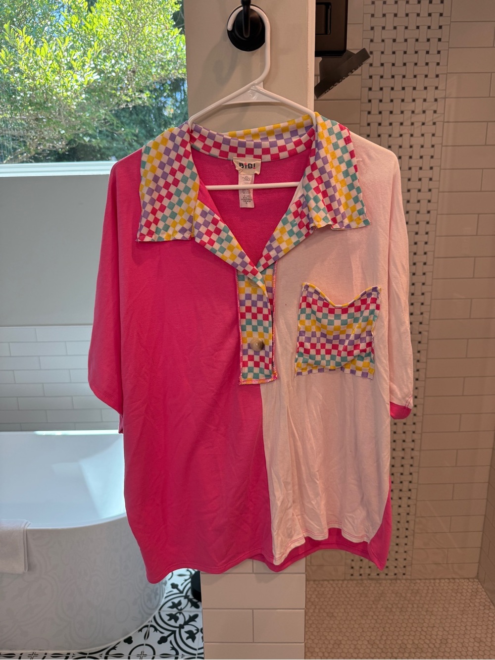 Vintage 80s Bibi Pink Polo with Multicolor Checker Trim